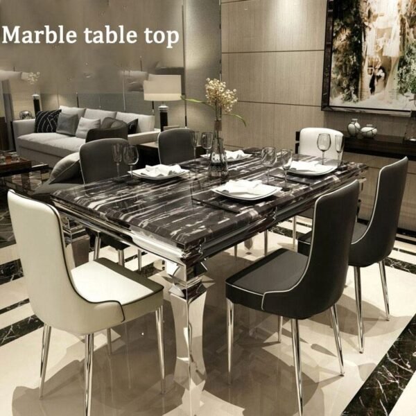 Contemporary Luxury Home Dining Room Furniture With White Velvet Fabric Silver Dining Chair Marble Dining Table